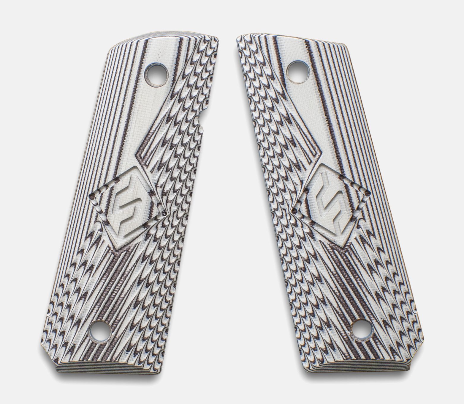 1911 Full Size Grips, G-10 White / Black, Ranger Cut with Fusion Logo, Beveled Bottom