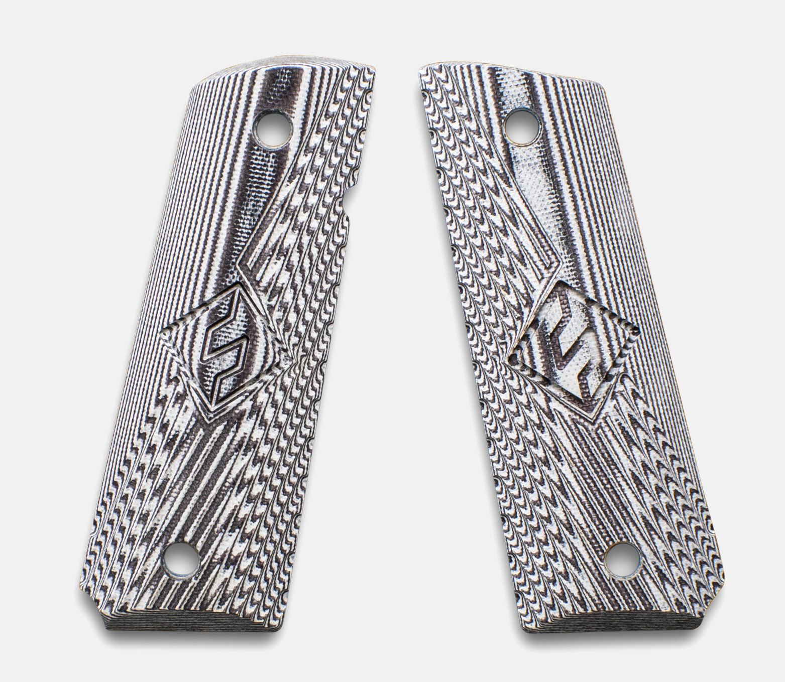 1911 Full Size Grips, G-10 White / Black, Ranger Cut with Fusion Logo, Beveled Bottom — image 2