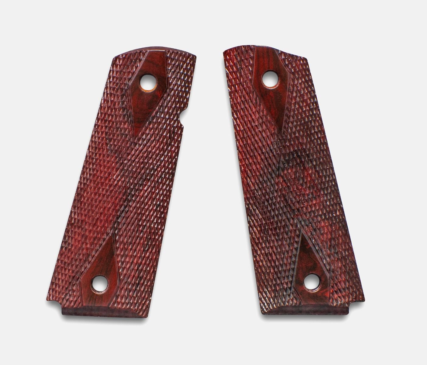 1911 Full Size Grips, Red Cocobolo, Double Diamond Checkered, Beveled Bottom
