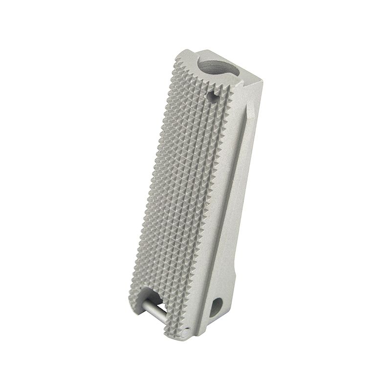 1911 Mainspring Housing - Government, Checkered, Stainless - Lanyard Loop