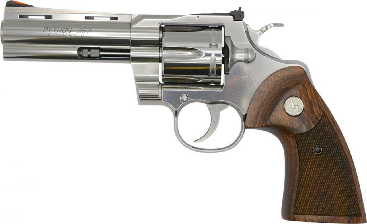Colt’s Manufacturing, Python, Revolver, Double Action Only, 357 Magnum, 4.25″ Barrel, Stainless Finish, Stainless Steel Frame, Walnut Grips, 6Rd, Red Ramp Front/Adjustable Rear