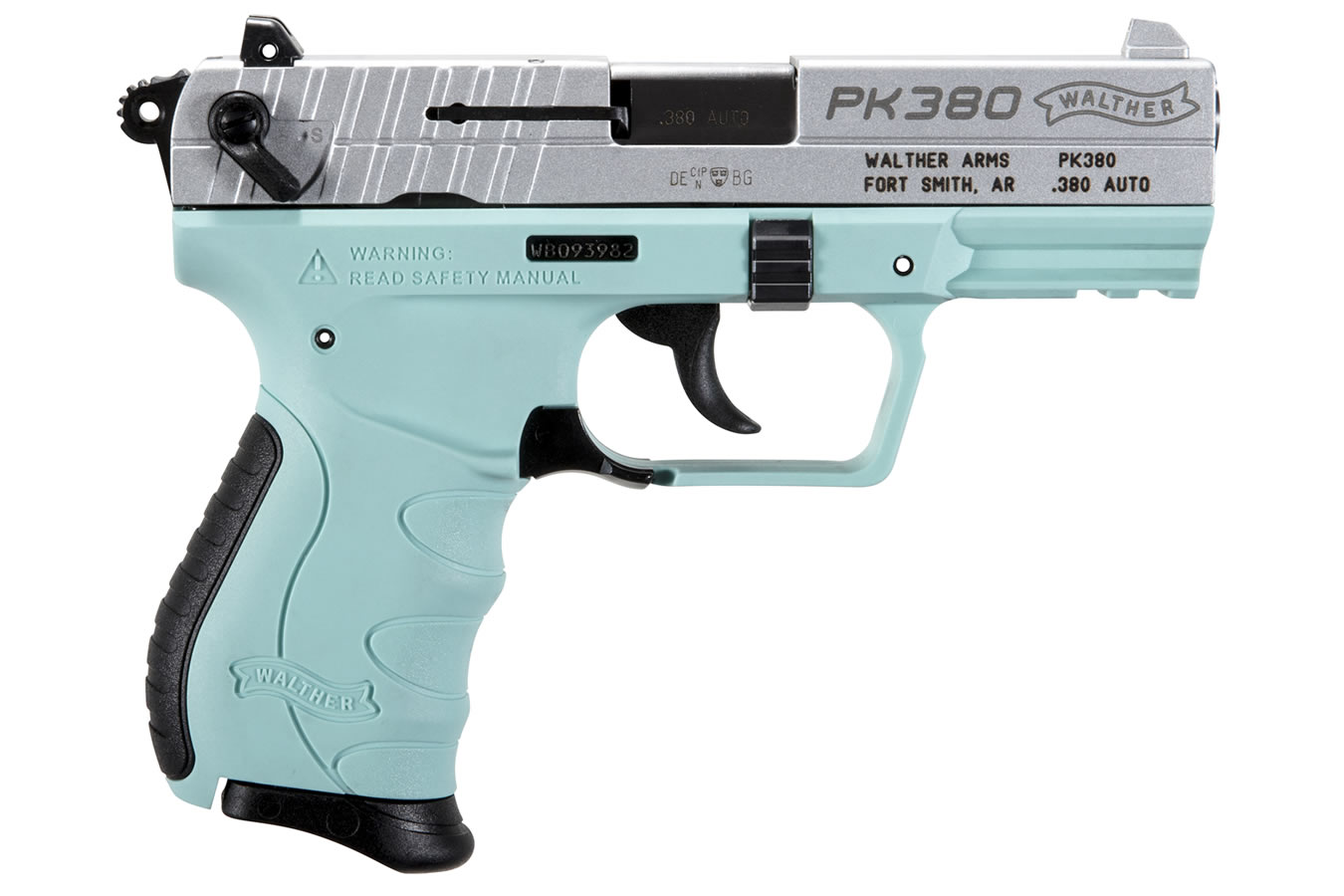 PK380 380 ACP Centerfire Pistol with Angel Blue Frame and Nickel Slide