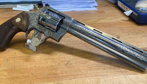 Colt Custom Shop Engraved Anaconda STS 8" Barrel Revolver .44 Magnum, Wood Grips, Target Sight, Armory Style B+ Coverage Cut Engraving