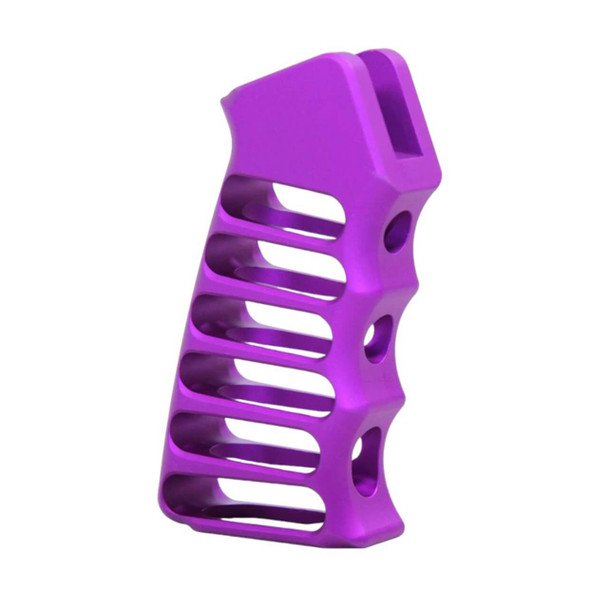 AR-15 pistol grip, purple anodized grip, skeletonized grip, ultralight firearm accessory, AR platform upgrade