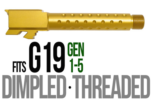 Fits Glock 19 9mm Match 5 Sided Flat Fluted Barrel Threaded in Gold Fits Glock 19 9mm Match 5 Sided Flat Fluted Barrel Threaded in Gold - Glock Barrels - California Gun Shop